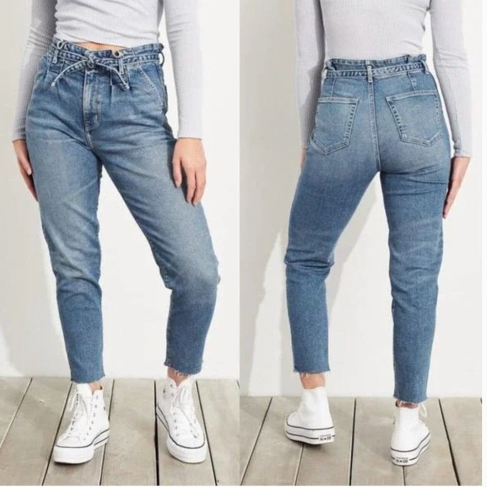 Hollister Ultra High Rise Mom Denim Jean Raw Hem Tie Waist Women